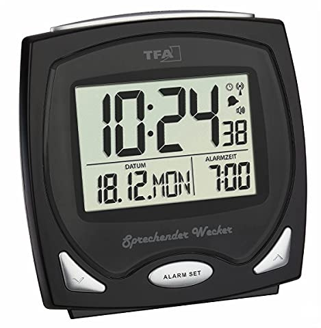 TFA Dostmann Sprechender Funk-Wecker Ideal für Sehbehinderte, Kunststoff, Schwarz, 12 x 6 x 12 cm (schwarz mit Batterien)