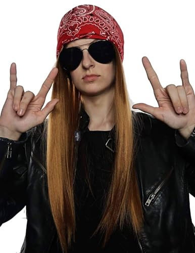 90er Rocker-Kostüm-Perücke, 3-teiliges Set + Bandana + Sonnenbrille für Herren, 80er-Jahre Rockstar-Perücke