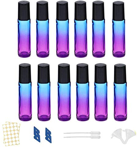 12PCS 10 ml Ätherische Öle Roller Flaschen - Farbverlauf Glas Roll-on Mit Trichter/Öffner/Etiketten - Für Massage Parfüm