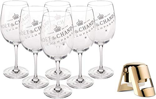 Moët & Chandon Champagner Big Glas (durchsichtig) Gläser Set Ice Imperial Echtglas klar mit weißem Schriftzug (6 Stück) + Moet Flaschenverschluss (Edelstahl)