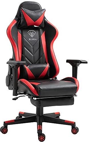 TRISENS Gaming Stuhl mit Fußstütze und ergonomsichen 4D-Armlehnen Gaming Chair in ergonomischer Sportsitz Optik Gamer Stuhl mit verstellbaren Rückenstützkissen Bürostuhl, Farbe:Schwarz/Rot