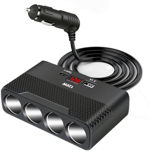 Zigarettenanzünder Verteiler 120W KFZ Ladegerät Auto Adapter with 4 Steckdose 12V/24V Stecker Ladekabel Splitter mit 2 USB Anschlüsse für GPS iPhone iPad Tablet