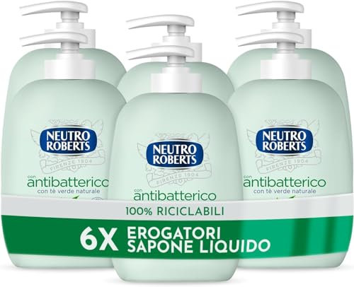 Neutro Roberts, Sapone Liquido Antibatterico, Pelle Sana e Protetta, Té Verde con Ingredienti Naturali - Flacone in Bio Plastica, Riciclabile - Confezione da 6x200 ml