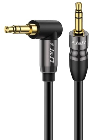 J&D 1/8 Stereo Cable, 3.5mm Extension Double Male Stereo Audio Aux Jack to Jack Cable 90 Degree Right Angle for Phone Tablet MP3 Player and All Other Devices, 10 Feet