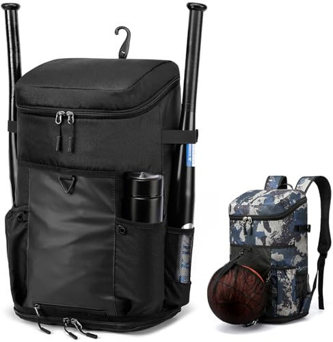 TUGUAN Baseball Backpack Bag for Youth and Adult - Lightweight Softball Bags with Shoes Compartment Holds 2 Bats and Fence Hook, Baseball Bat Equipment Bags for Coaches Catchers Team Boys, Black