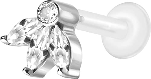 PIERCINGLINE PTFE Labret mit Gewinde TITAN AUFSATZ LOTUSBLÜTE| Piercing Lippe Nase Ohr Helix Tragus Medusa Silberfarben 1,2 x 6 mm