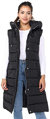 Fashion Knot Ladies Padded Gilet Longline Hooded Jacket Quilted Winter Wear Long Hooded Side Split Puffer Long Body-Warmer Coat Size 8-18