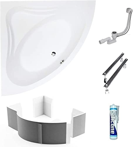 ECOLAM Baignoire d'angle acrylique symétrique Mia 130x130 cm, support de baignoire, siphon, silicone, Belle forme Aspect moderne