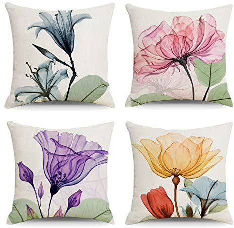 OCEUMACO Leinen Kissenbezug 40x40 Boho Blumen Muster Kissenhülle 4er Set Quadratisch Dekokissen Sofakissen Bezug für Couch Landhausstil Kissen Kissenbezüge Deko Zierkissen Couchkissen - Bunt