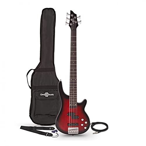 Gear4music Chicago Electric Bass Guitar 5 String with Accessories Red