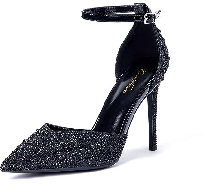 Zhabtuc Escarpins à Talon Aiguille pour Femmes Talons Hauts en Strass 10 CM/3,94 Pouces Chaussures à Talons Sexy à Paillettes Talons pour Fête Talons de Mariée à Bout Pointu, Noir 37 EU