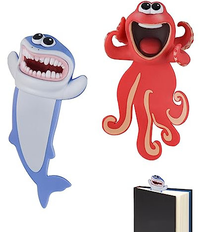 2 PCS Niedliche Tier Lesezeichen, Cartoon Buch Markierungen - Lesezeichen für Kinder, Studenten, Bürobedarf (Hai für Oktopus)