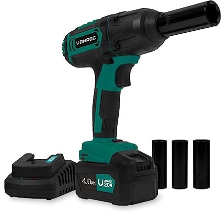 VONROC Avvitatore a impulsi a batteria 20V - 4 impostazioni: 100/200/300/400Nm - Include 4 bussole - adatto per il cambio di pneumatici (auto) – include batteria 4.0Ah e caricabatterie
