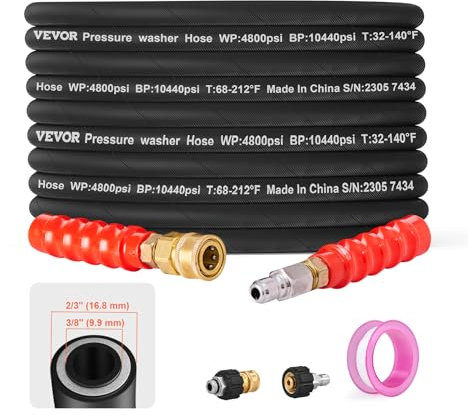 VEVOR Pressure Washer Hose, 30.5m, Kink Free 3/8-φ14.8 Male, 3/8-φ15 Female for Most Brand Pressure Washers, 4.9'' Bending Radius, 4800 PSI Heavy Duty Power Washer Extension Replacement Hose