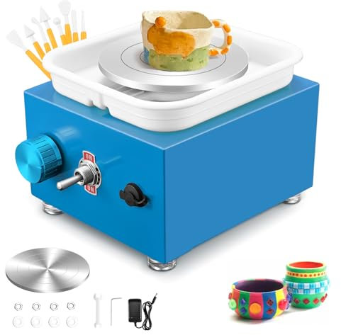 Mini Töpferscheibe, Couleeur 2000RPM Elektrische Töpferscheibe Maschine,Töpferscheibe Keramik mit abnehmbarem ABS-Becken und 6,5/10 cm Drehteller-Drehmaschine, Tonwerkzeug, DIY-Keramikwerkzeug(Blau)