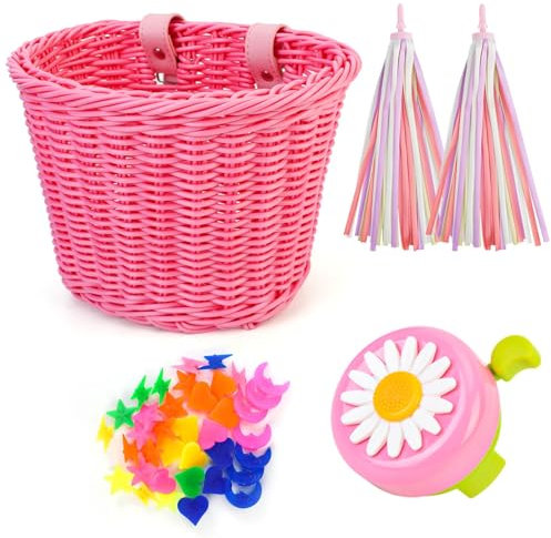 Set Cestino per Bici per Bambini, Campanello per Bicicletta per Bambini e Nastri, Accessori Decorativi per Bici da Equilibrio, Cestino per Bici, Perline per Raggi della Ruota per Ragazze