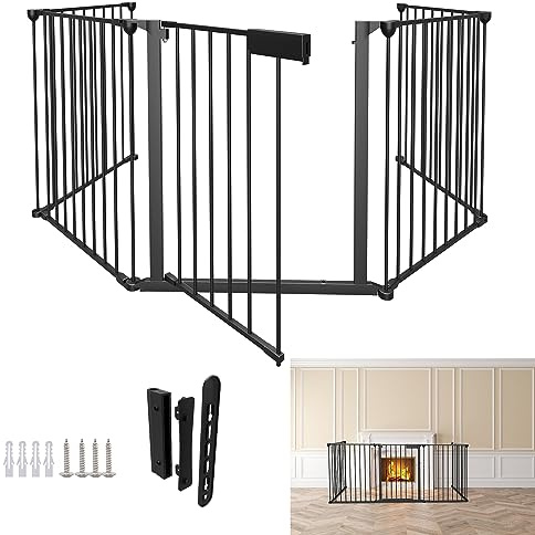 Izrielar Barrière de protection de cheminée, avec porte, 310 cm, en métal, pour bébés, enfants, avec 5 éléments, pliable, noire
