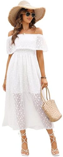 Atnlewhi Damen Vintage Off Shoulder A-Linie Maxi Kleid Spitzenkleid Brautjungfer Abendkleid Ballkleid Cocktailkleider - Weiß - M