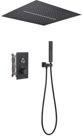 XJTNLB Duscharmatur Unterputz Schwarz Quadrat Armatur Dusche Set Wasserfall Duschkopf Set Duschsystem Regendusche 40X40,Bifunktional