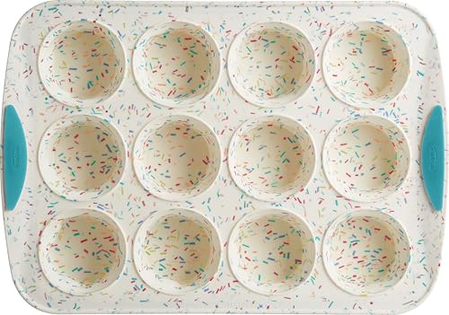 Trudeau Structured Silicone Muffin Pan, 12 Cup Confetti/Aqua, Steel-Reinforced Rim, BPA-Free Nonstick Bakeware, Oven Safe to 428°F, Freezer & Dishwasher Safe