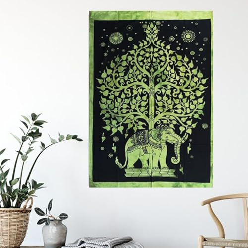 AVA Collections Wandteppich, mehrfarbig, psychedelische Wandteppiche, indische Baumwolle, Poster, Picknickdecke, Wanddekoration, Decke, Wandkunst, Hippie, Schlafzimmer-Dekor (Grün, Elefant und Baum)
