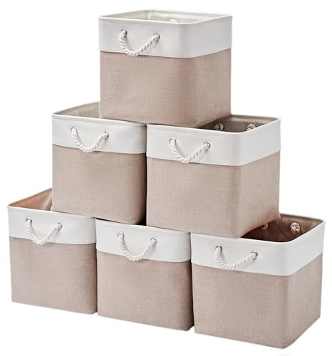 ISEMINGLA 13 x 13 Inch Storage Cubes，6 Pack Cube Storage Bins for Shelves，Fabric Collapsible Storage Bins with Handles, Foldable Storage Basket for Organizing Clothes, Toys, Books (White&Beige)