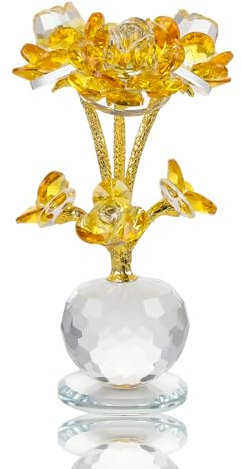 Crystal Yellow Rose Figurine with Base, Collectible Glass Flower Bouquet Gifts for Women on Birthday, Valentine's Day, Anniversary, Handmade Crystal Flower Ornament for Home, Wedding Party