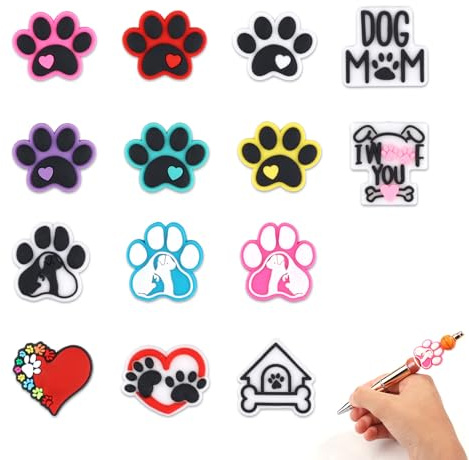 14pcs Perles en Silicone, Mignonnes Pattes de Chien Empreintes de Cour Chiot Perles d'Espacement pour Stylos à Perles Bijoux Fabrication de Porte-Clés Collier Bracelet Bricolage Artisanat