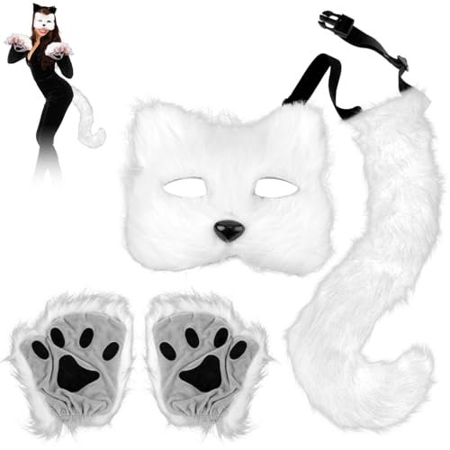 PEUTIER Fuchs Cosplay Kostüm Set, mit Fuchsmaske Fuchsschwanz Fuchs Fuchshandschuhe Pelzkostüm Fuchs Cosplay Set für Frauen und Mädchen Halloween Kostüm (Weiß)