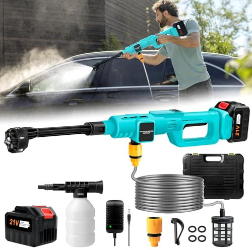 Uppgradering 900 PSI högtryckstvätt trådlös, 15 000 mAh batteridriven högtryckstvätt med 6-i-1 justerbart munstycke, bärbar handhållen elbricka för bil, golvrengöring och trädgårdsbevattning – blå