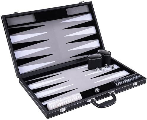Engelhart - 250537 - Grand Jeu de Backgammon de Luxe 21 Pouces - 54 cm - Gris - Simili Cuir Haut de Gamme - Incrustation Feutre Spécial - Pions et Dés Nacrés + 2 Gobelets – Ouvert : 63 x 54 x 2,8 cm