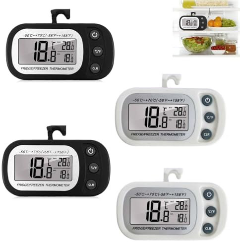 Asfrode Kühlschrankthermometer Digital, 4 Stück Kühlschrank Thermometer mit Haken & Magnet LCD Anzeige Digitales Kühlschrankthermometer Innen, Gefrierschrank Thermometer Max/Min Funktion -Weiß&Schwarz