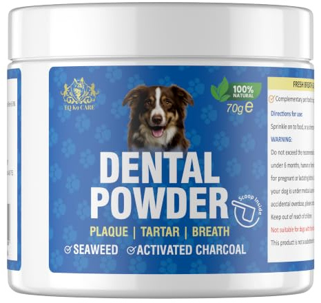 EQ K9 Plaque Off Powder for Dogs - Natural Plaque & Tartar Remover with Seaweed, Activated Charcoal & Zinc, Dog Dental Powder for Fresh Breath & Healthy Gums, No Brushing Needed, 70g