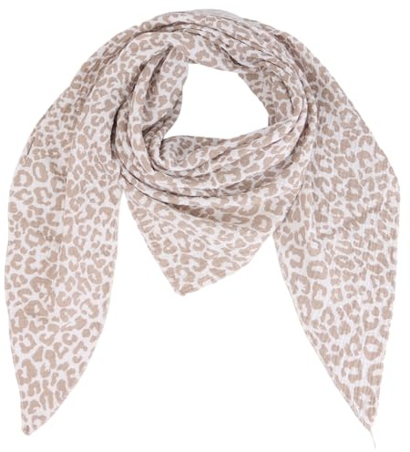 MIRROSI Damen Musselin Halstuch Made in Italy mit Leoprint oder Unifarben – Leichtes Dreieckstuch für Frühling & Sommer, Baumwolle, 200x80 cm (Leo Beige Weiß)