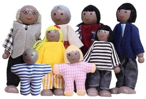 DAVBNM Sets of 7 Wooden Dolls House Family Dolls Toys, Wooden Doll House, Lovely Happy Family Doll Playset DollHouse Accessories