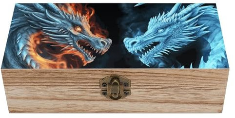Aufbewahrungsbox aus Holz, Eis- und Feuerdrachen, dekorativer Stamm für Andenken, rustikale Bauernhaus-dekorative Boxen mit Scharnierdeckel, kleine Schmuck-Schatztruhe für Bastelarbeiten