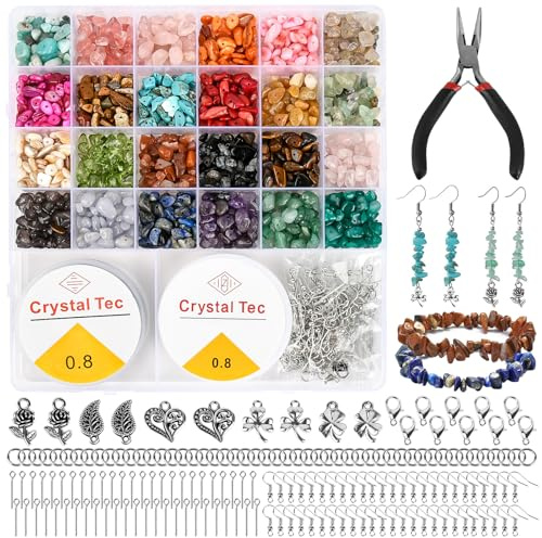 CEOTIS Kristall Schmuckherstellung Kit, 1370+Pcs Edelstein Perlen mit 24 Farben, Unregelmäßiger Kristall für Schmuckherstellung, Natürliche Edelstein Chip Perlen für Armband Ohrring Ring Herstellung