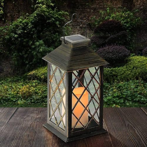 Yowin Lanterne da Esterno Grande Lanterna Solare da Giardino con Candele Tremolante, Vetro Temperato, Lampada Solari da Appendere Impermeabile Lampade da Tavolo per Giardino Terrazzo Balconi - Bronzo