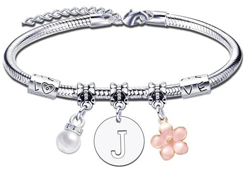 YJYJZX Pulsera de letras para regalo de mujer, niña, inicial, A-Z,regalos inspirados en Navidad, cumpleaños para mejores amigos, pulsera con letra inicial colgante para Mujer (J)