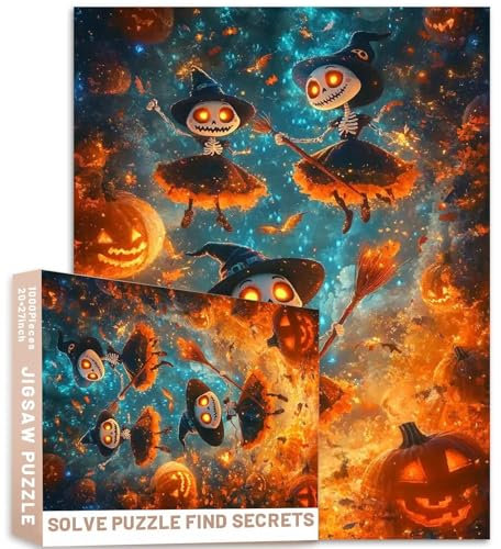 Skeleton Witches Puzzle 1000pc Magic Flying Brooms Art 50x70cm Adults Challenging Family Activity Games Colorful DIY Craft Puzzle for Home Decor Gifts