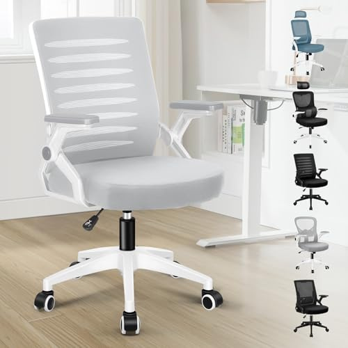 ELFORDSON Ergonomic Office Chair, Mid-back Swivel Desk Chairs for Home Office, Height Adjustable Mesh Computer Chair with 90° Flip-up Armrest and Padded Seat Cushion, Grey