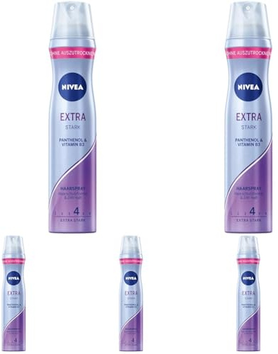 NIVEA Extra Strong Styling Spray, stärkendes Haarspray mit Panthenol & Vitamin B3, zuverlässiger Haarlack für Stylings mit 24h Halt (Haltestufe 4), veganes Pflegespray (250 ml) (Packung mit 5)