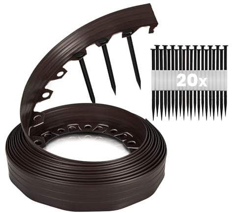 GARDENIX Bordure de pelouse Flexible en Plastique - Résistante aux intempéries - Bordure Ronde - Bordure de Parterre de Fleurs - Marron - 10 m - 20 piquets - Hauteur : 10 cm