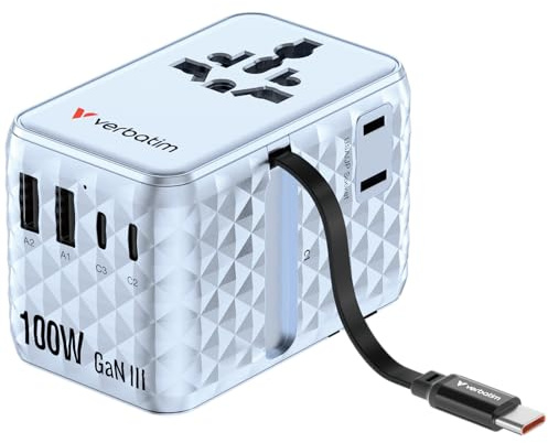 Verbatim GaN reseadapter 100 W blå med integrerad kabel och 2 USB-C-portar, 2 USB-A-portar, 2 USA/JP-portar, universell snabbladdare för bärbar dator, smartphone och mer