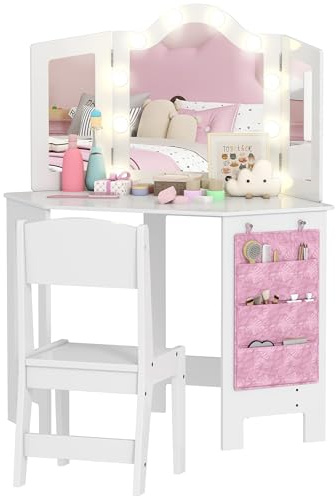 AIYAPLAY Tavolino da toilette per bambini 2 in 1 con sgabello, scrivania per bambine con specchio trittico e luci LED bicolore, tasca laterale portaoggetti, tavolo da trucco per bambini dai 3 agli 8