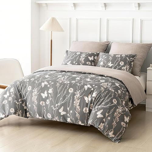 Luowei Bettwäsche 135x200 cm 2-teilig Mikrofaser Modern Blättern, Grau | ÖEKO-TEX Ästhetisches Design Bettwäsche Set Weich Kuschelig Sommer Bettbezug mit Reißverschluss und Kissenbezug 80x80cm