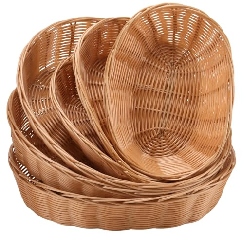 HONYUET 6 Stück Brotkorb Geflochten Oval, PP Weidenkorb Braun Brotkörbchen Weidenkörbchen, Aufbewahrungskorb geflochten, Für Brot Obst Kuchen Gemüse