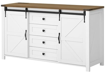 YJSPSSW 55.1-Inch Sideboard with Storage – Farmhouse Buffet Cabinet with Sliding Barn Doors, 4 Drawers, and Built-in Power Outlet(White)