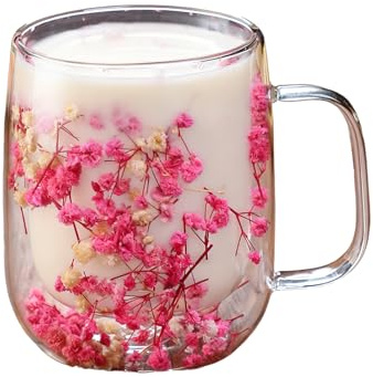 Floral Coffee Mug with Handle Dried Flowers Double Walled Clear Drinkware