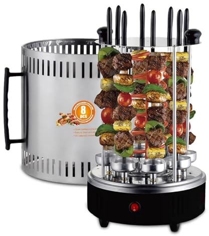 Machine à Kebab Verticale Électrique, Gril à Gyros sans Fumée 1200W, Rôtissoire avec 8 Brochettes Rotatives à 360°, Barbecue d'Intérieur Idéal pour Chawarma, Viandes et Légumes, Inox